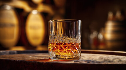 Crystal Whiskey Glass on Barrel in Warm Ambient Setting
