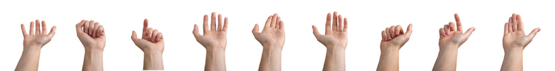 Hand gesture reaching forward with index finger pointing, inviting attention. Woman s open palm and