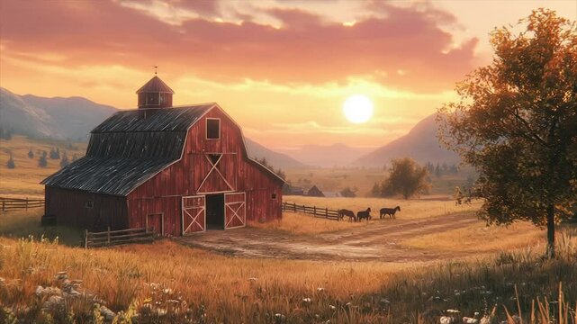 Rustic red barn at sunset on a farm