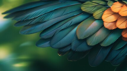 Vibrant bird feathers in teal, green, and orange hues. AI.