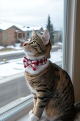 Festive cat gazing out the window. AI.