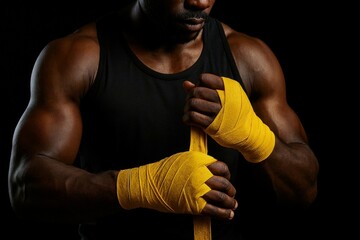 Strong African male athlete in black tank top wraps his hands with yellow boxing tape, preparing for combat training with focus and intensity
