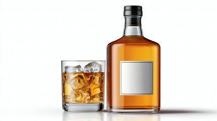 Whiskey Bottle and Glass with Ice on White Background