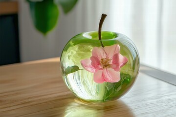 Glass apple paperweight with a flower inside. AI.