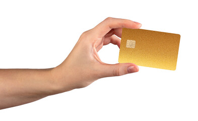 Hand holding a gold bank card, symbolizing wealth and modern finance. Female hand offering