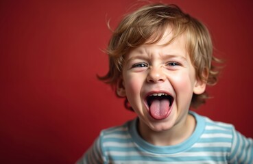 Funny boy sticks tongue out. Cute toddler kid makes silly face showing expression of happiness, fun. Cheerful child showing emotions on red background.