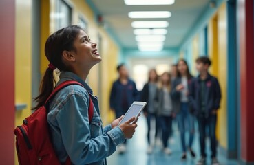 Joyful teenage student looks up holding tablet in school corridor with friends. Girl with backpack enjoys learning using tech. Back to school, education, student life concept.