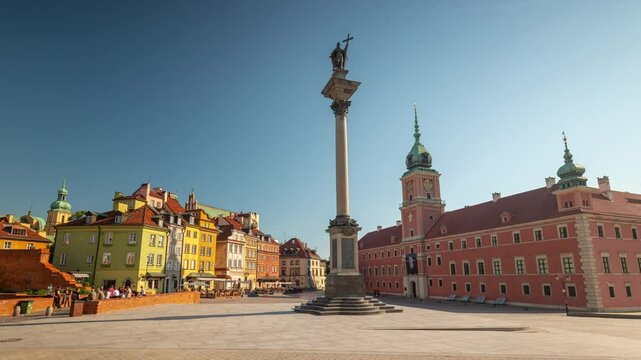 sunny day warsaw city center famous old town monument square panorama timelapse 4k poland