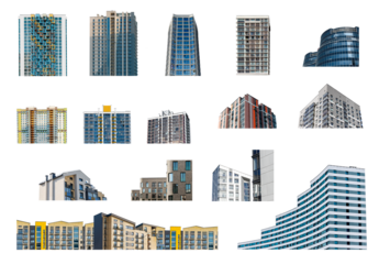 Modern multi storey apartment buildings set in an urban community, with glass windows and sleek