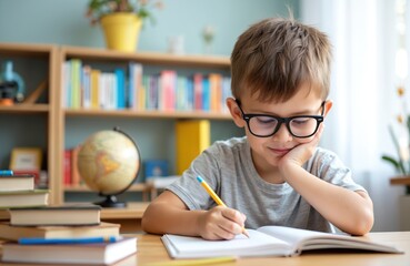 Young boy wearing glasses sits at desk homework. Pupil child writes in notebook, studies. Homeschooling, education at home, studying, learning. Bookshelf background. Globe, pencil, books on table.