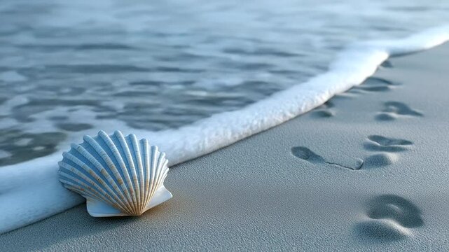 A lonely seashell beside fading footprints in wet sand