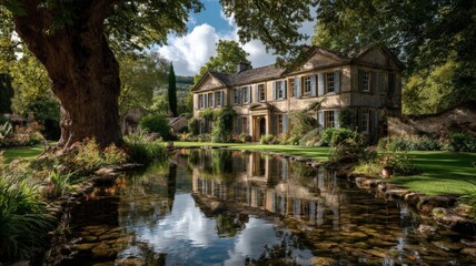 Architectural view of an old manor house nestled in the scenic landscape of The Cotswolds, surrounded by rolling green hills, quaint stone cottages, and a large garden with tall oak trees.