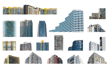 Modern multi storey buildings set, urban neighborhood, showcasing a high rise residential property