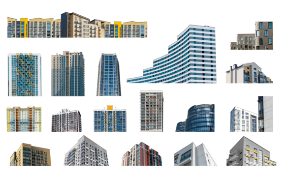 Modern multi storey buildings set, urban neighborhood, showcasing a high rise residential property