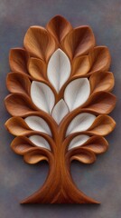 Intricate wooden tree carving showcasing detailed leaf patterns and natural hues