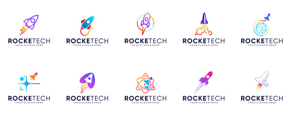 rocket logo collection with abstract technology concept, space exploration, science education, vector graphic design.