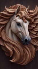 Detailed wood carving of a horse head surrounded by flowing mane in warm tones