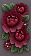 Beautiful red flowers with green leaves arranged in artistic layout on textured background