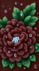 Beautiful red flower with water droplets on detailed green leaves in artistic design