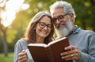 Happy senior couple enjoy reading book together in park. Man and woman wear glasses, read a book, drink tea. People spend time outdoors, embrace spirituality, peace. Mature adults studying bible.