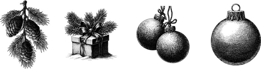 Christmas engraving vintage illustration set, fir branch, Christmas tree toy and gift festive elements for holiday design