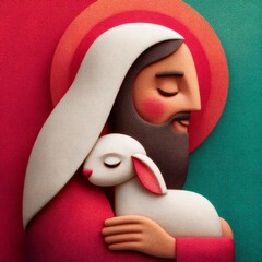 Man holding a sheep in a colorful, stylized representation of a compassionate figure