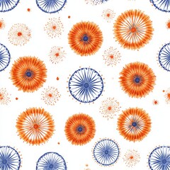 Vibrant circular patterns in shades of orange and blue create a lively design on a white background