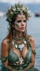 Woman in sea-inspired costume poses majestically in shallow water during an overcast day