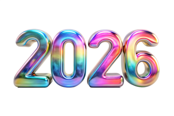 3d iridescent year 2026 numbers isolated on white background PNG,AI GENERATED