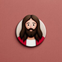 A stylized representation shows a bearded man with long hair and a friendly expression