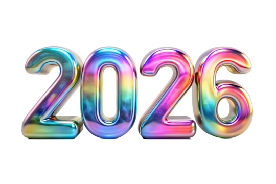 3d iridescent year 2026 numbers isolated on white background PNG,AI GENERATED