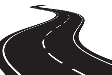 A curving road seen from above, with a black and white contrast and dashed lines forming a clear path ahead in an abstract design