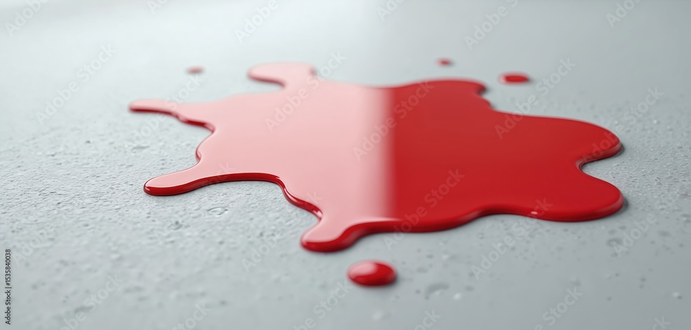 Poster red liquid puddle on light grey surface. abstract background with fluid, droplets, rough texture. sy