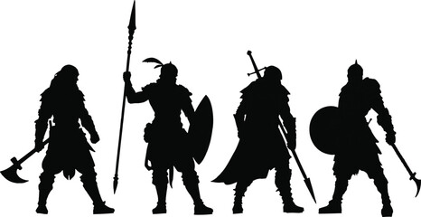 Four Black Silhouettes Medieval Warriors Weapons knight