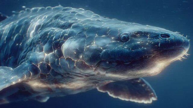 Fossil Fish Tiktaalik: Prehistoric creature swimming in deep blue water animation footage