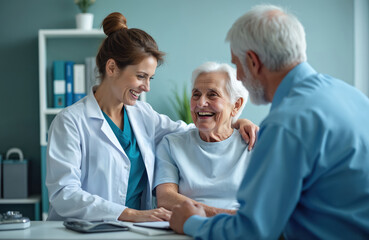 Obraz premium Happy doctor supports senior patient during medical consultation. Elderly woman smiles in office. Smiling old man listens to doctor. Medicine healthcare, trust concept, patient care.