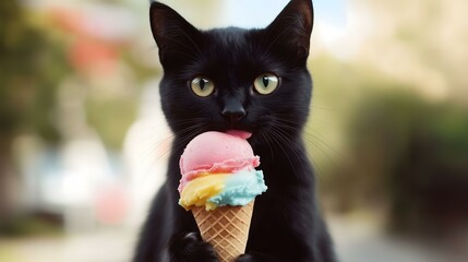 Playful black cat enjoys colorful ice cream on a sunny day in a vibrant outdoor setting