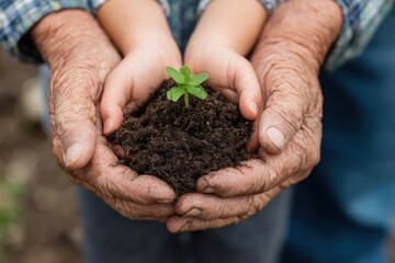 Grandparent and grandchild holding a young plant in their hands