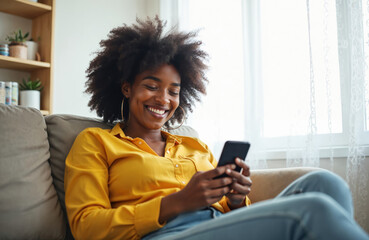 Smiling young African woman using mobile phone, relaxing on sofa at home. Happy lady looks at smartphone texting, buying online in ecommerce shop. Online shopping, device.
