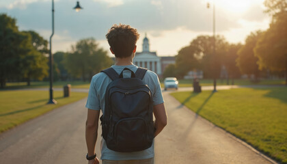 Student walks university campus path with backpack. College lifestyle. Education journey. Study path leads student to campus building. Routine, transportation, progress, academic, direction, youth.