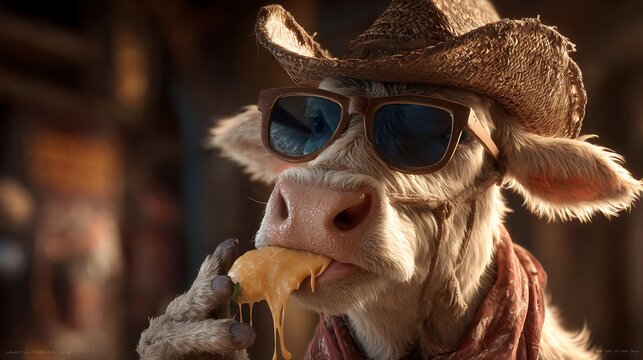 A cow with a cowboy hat and shaded glasses, biting into a jalape popper, desert saloon ambiance