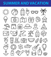Set of  50 +  Summer & Vacation Icons,  destination, flat, scalable, sea, island, map, journey, graphic, design elements, outline icons, modern