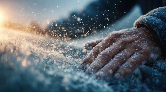 Man scraping ice from windshield on a cold winter morning
