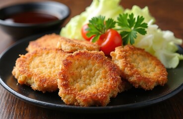 Crispy breaded chicken cutlets with fresh cabbage salad and cherry tomatoes. Delicious Japanese-inspired dish on a black plate. Popular food at eatery. Healthy dinner option.