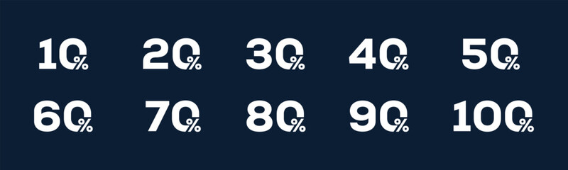 Set of collection discount sale labels white color vector illustration. Shopping discount amount with discount 10, 20, 30, 40, 50, 60, 70, 80, 90, 100%