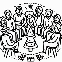 Naklejka premium Illustration of a warm gathering of friends and family around a Christmas tree, celebrating togetherness and joy 