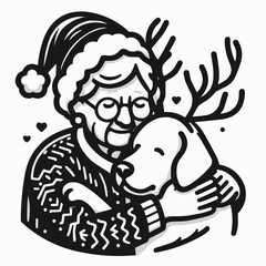 Illustration of a cheerful elderly woman in a Santa hat hugging a therapy dog, showcasing warmth and companionship
