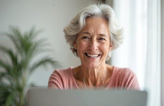 Happy older woman with grey hair smiles at camera. Mature female looks at web camera, having video call. Concept of online communication, job interview, video chat. Positive face expression.