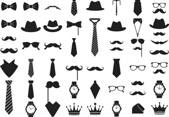 Vintage Fashion Accessories Icon Set: Hats, Ties, Mustaches, and More