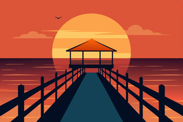 Golden sunset bathes the tranquil sea, casting long silhouettes across the wooden pier and sandy beach